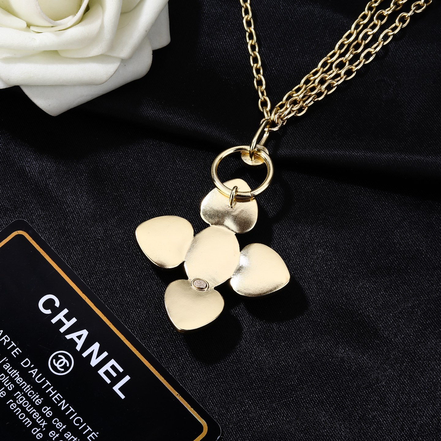 Chanel Goose series heart cross CC pendant necklace gold-tone metal white faux pearl black enamel 80cm