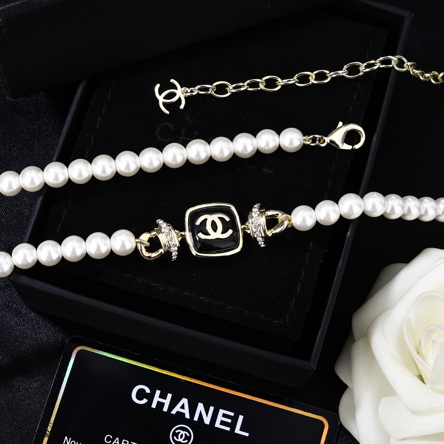 Chanel Goose Square CC Pearl Necklace necklace Gold-tone metal white faux pearls black enamel clear crystals 42cm with 5cm extender chain
