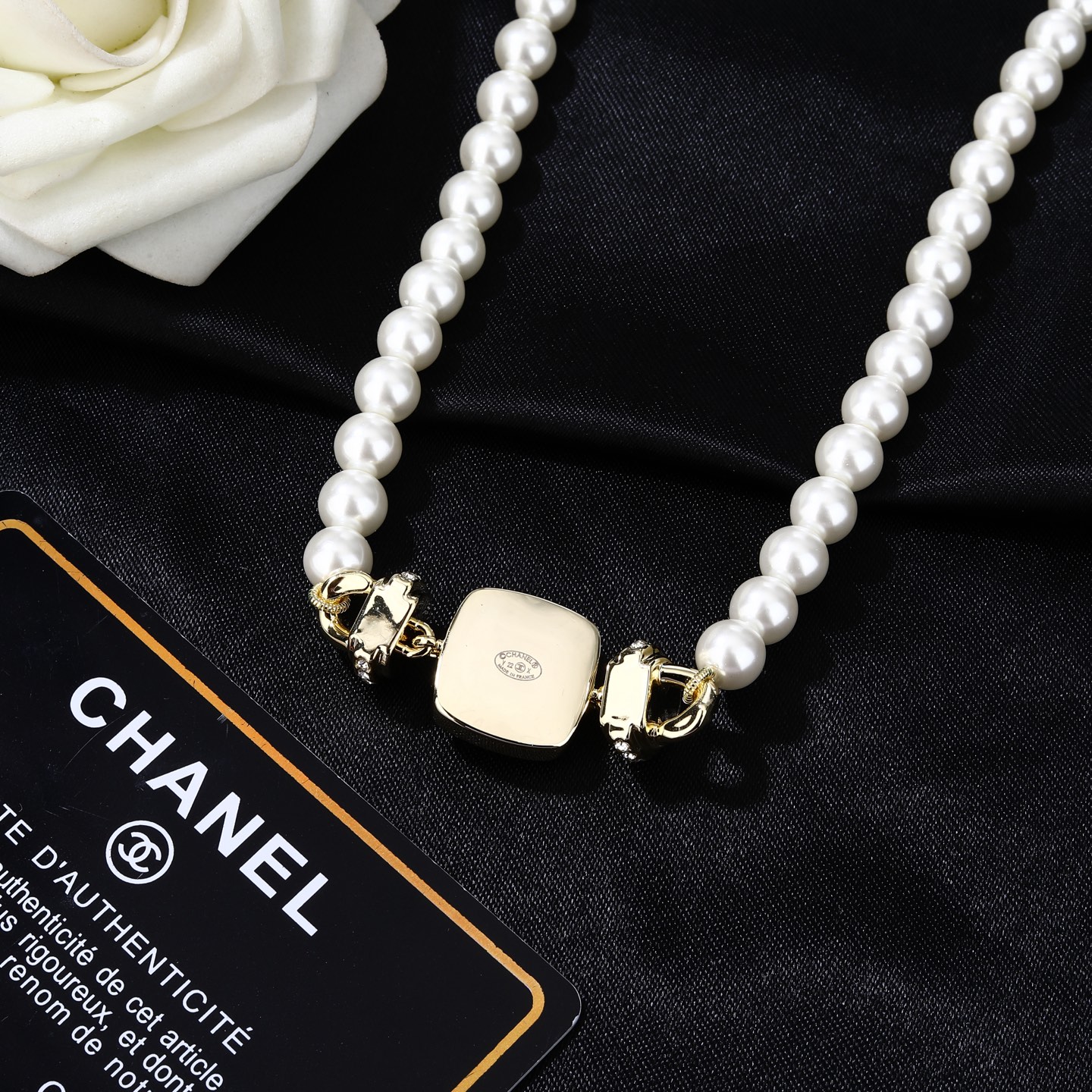 Chanel Goose Square CC Pearl Necklace necklace Gold-tone metal white faux pearls black enamel clear crystals 42cm with 5cm extender chain