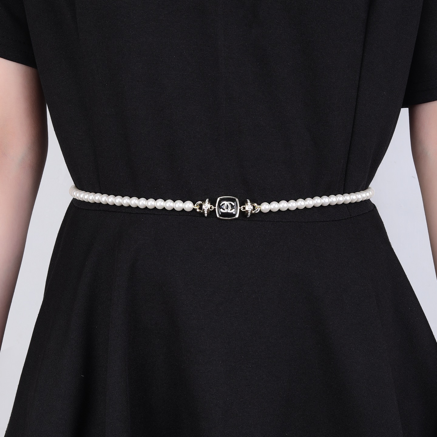 Chanel Goose Square CC Pearl Necklace necklace Gold-tone metal white faux pearls black enamel clear crystals 42cm with 5cm extender chain