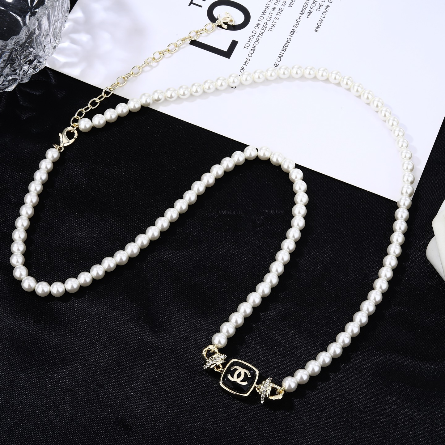 Chanel Goose Square CC Pearl Necklace necklace Gold-tone metal white faux pearls black enamel clear crystals 42cm with 5cm extender chain