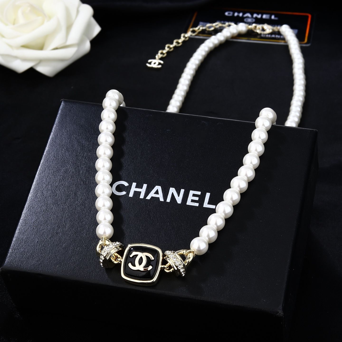 Chanel Goose Square CC Pearl Necklace necklace Gold-tone metal white faux pearls black enamel clear crystals 42cm with 5cm extender chain