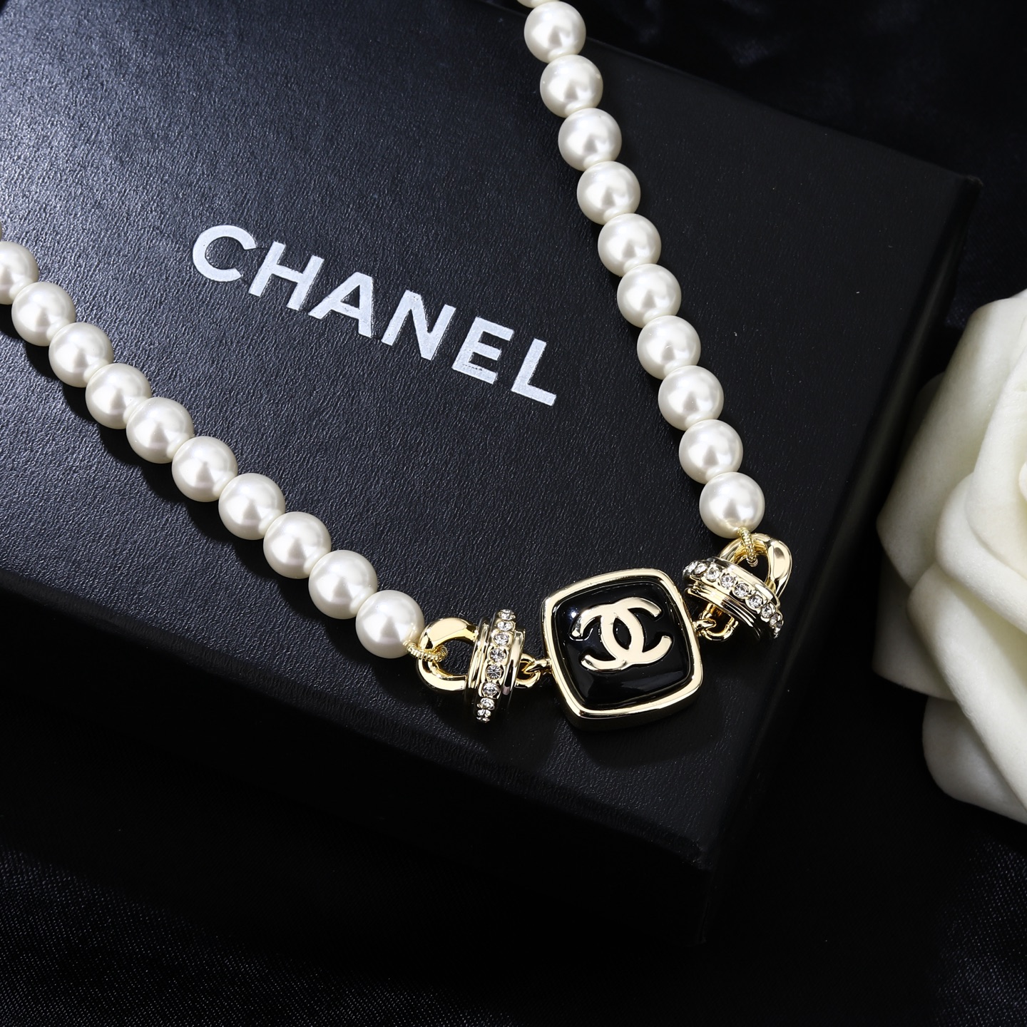 Chanel Goose Square CC Pearl Necklace necklace Gold-tone metal white faux pearls black enamel clear crystals 42cm with 5cm extender chain