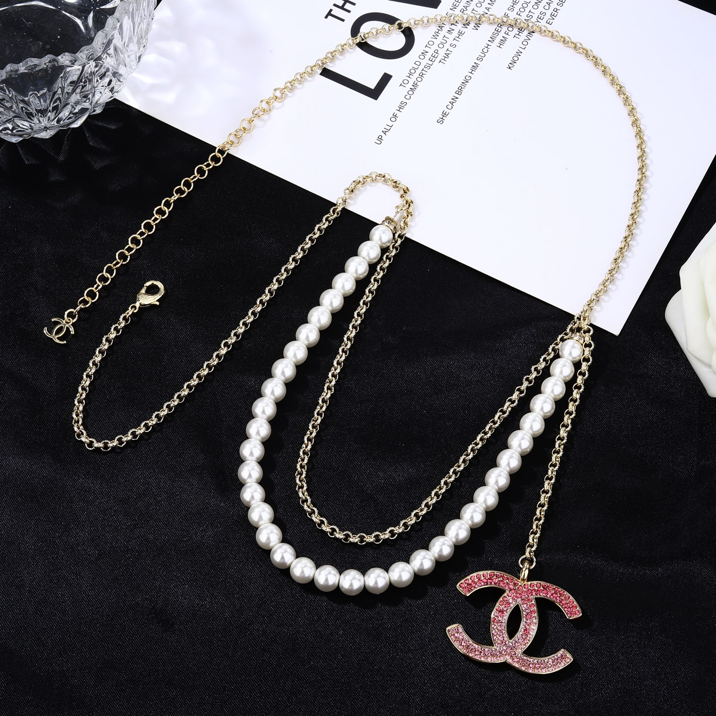 Chanel Goose series CC logo pearl chain necklace gold-tone metal white faux pearl pink crystal 80cm adjustable