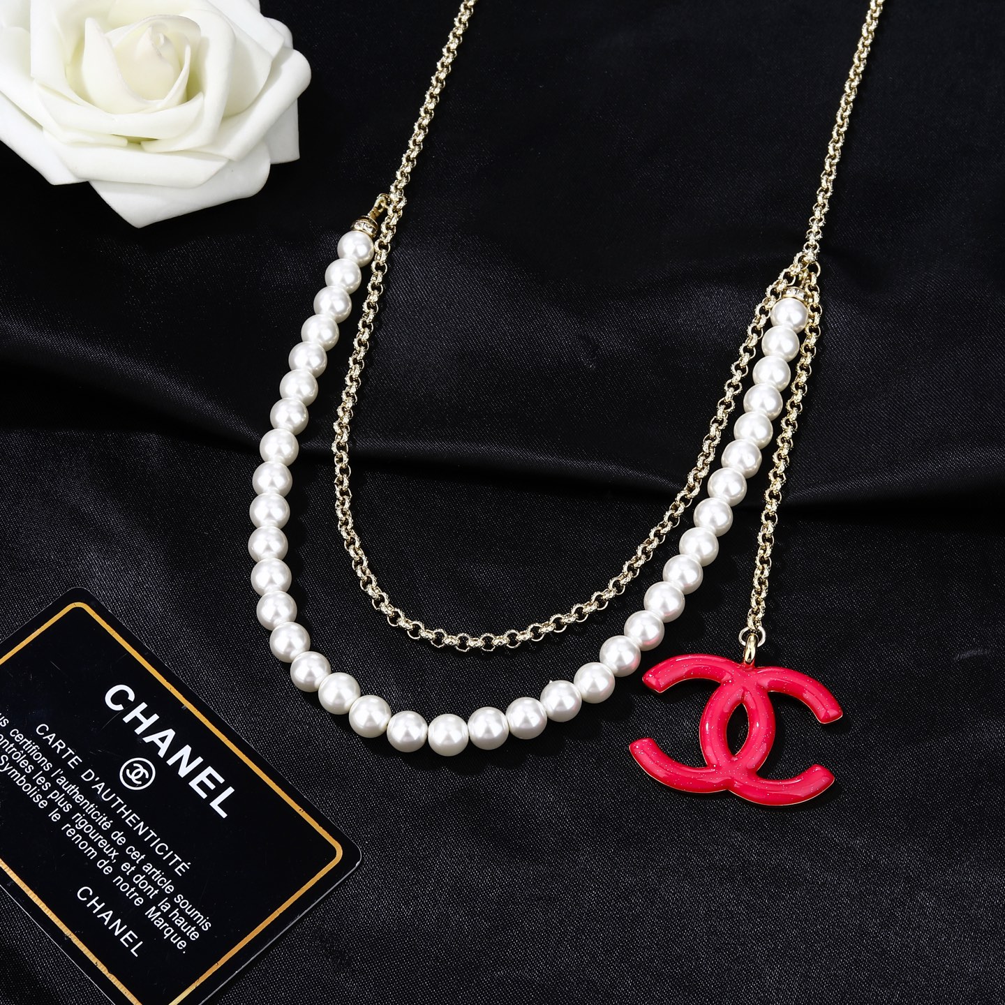 Chanel Goose series CC logo pearl chain necklace gold-tone metal white faux pearl pink crystal 80cm adjustable
