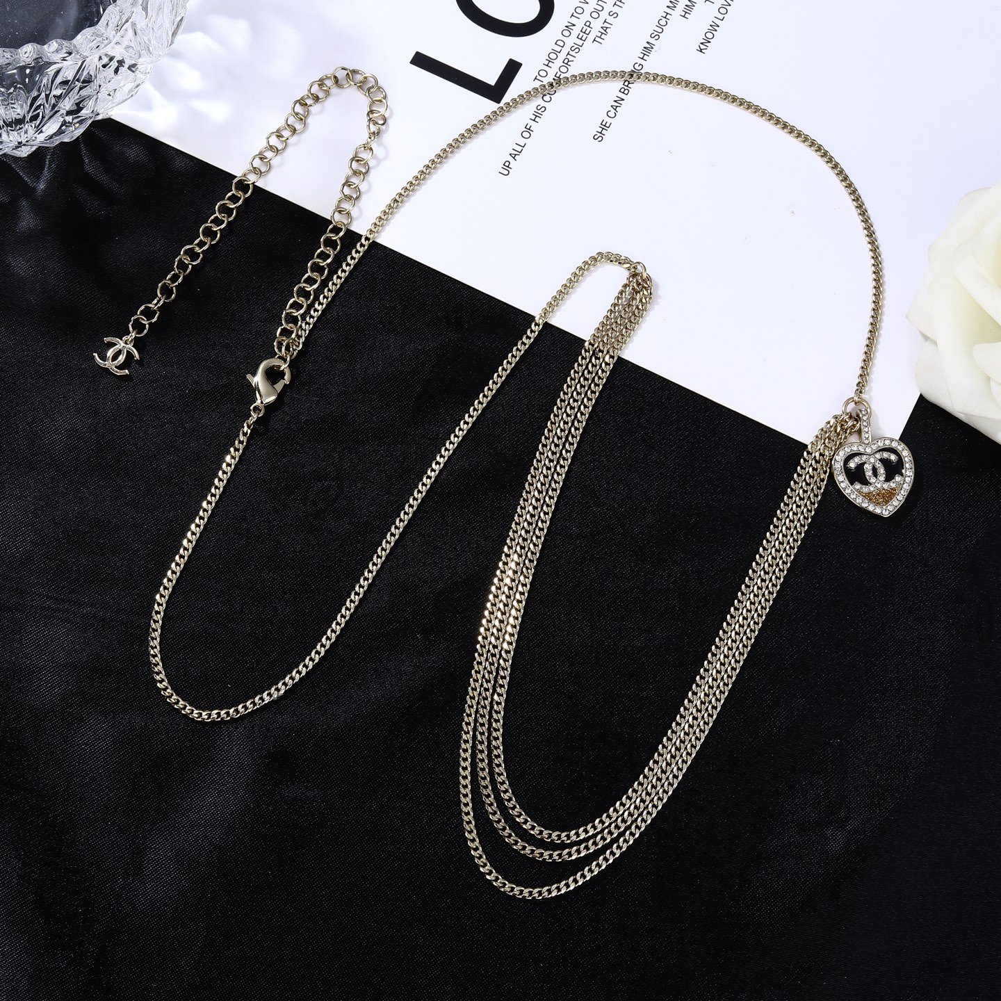 Chanel Goose Heart CC Pendant Waist Chain necklace Light gold metal clear crystal black enamel champagne crystal 80cm with 10cm extension