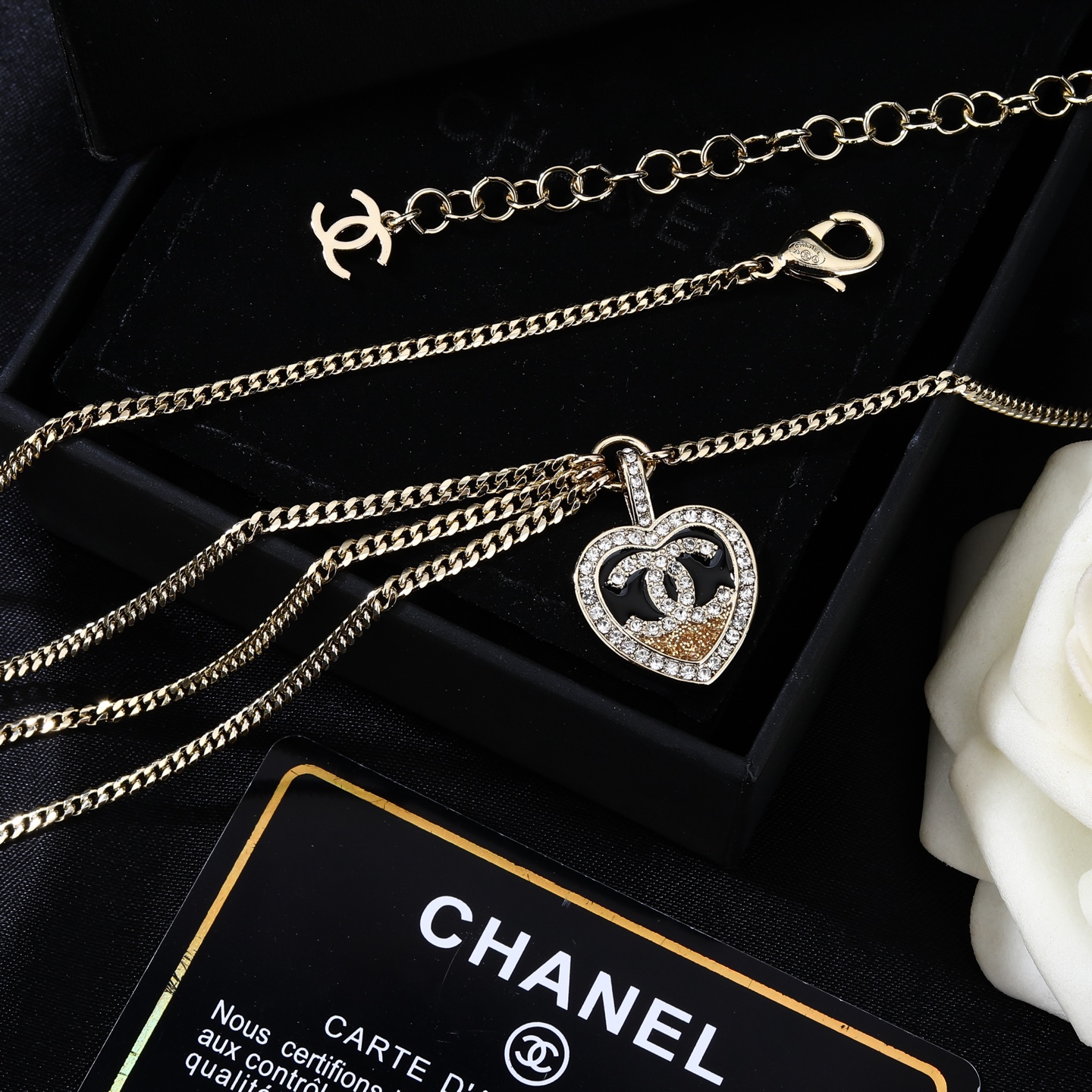 Chanel Goose Heart CC Pendant Waist Chain necklace Light gold metal clear crystal black enamel champagne crystal 80cm with 10cm extension