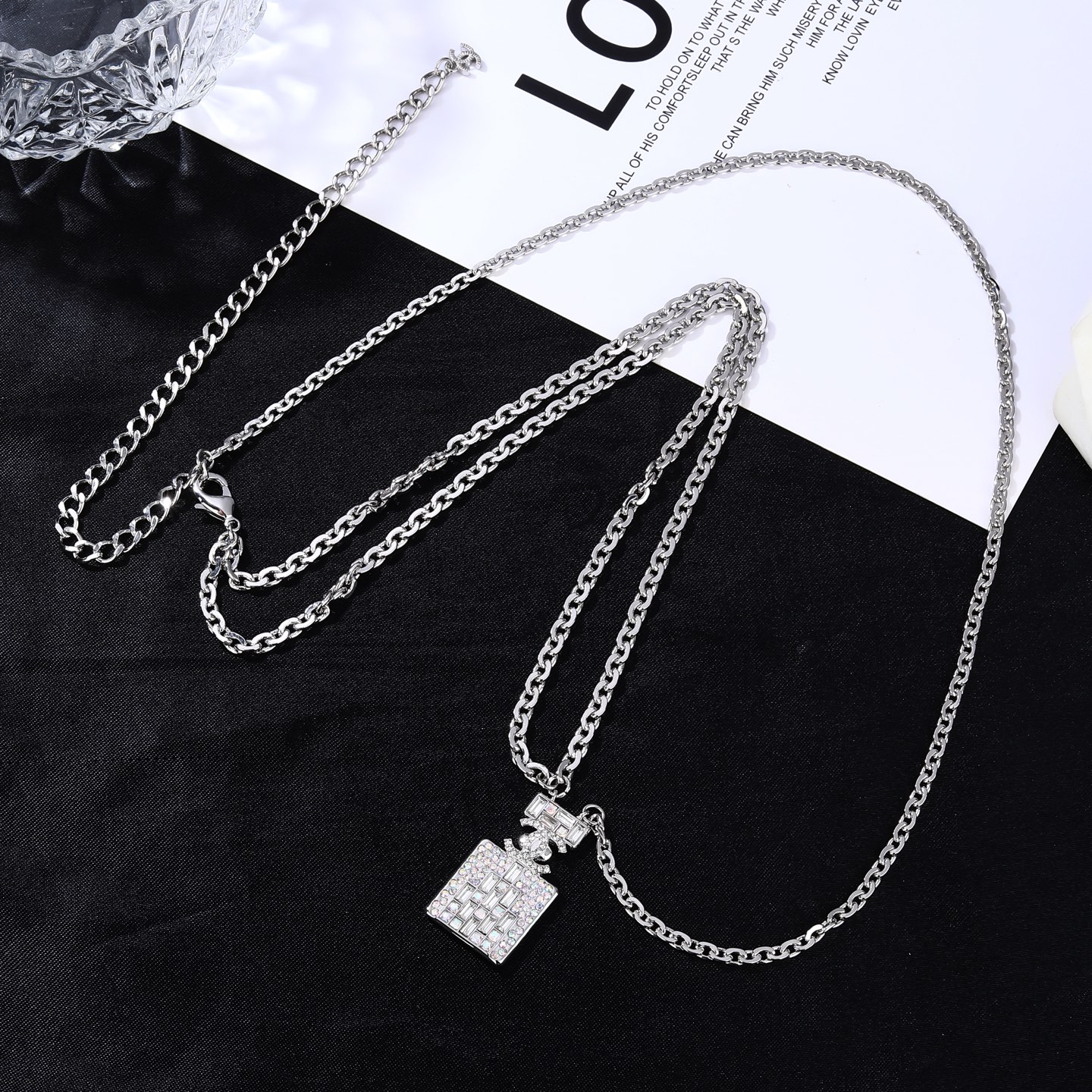 Chanel Goose Perfume Bottle Waist Chain necklace Silver-toned metal with iridescent clear crystal stones 80cm