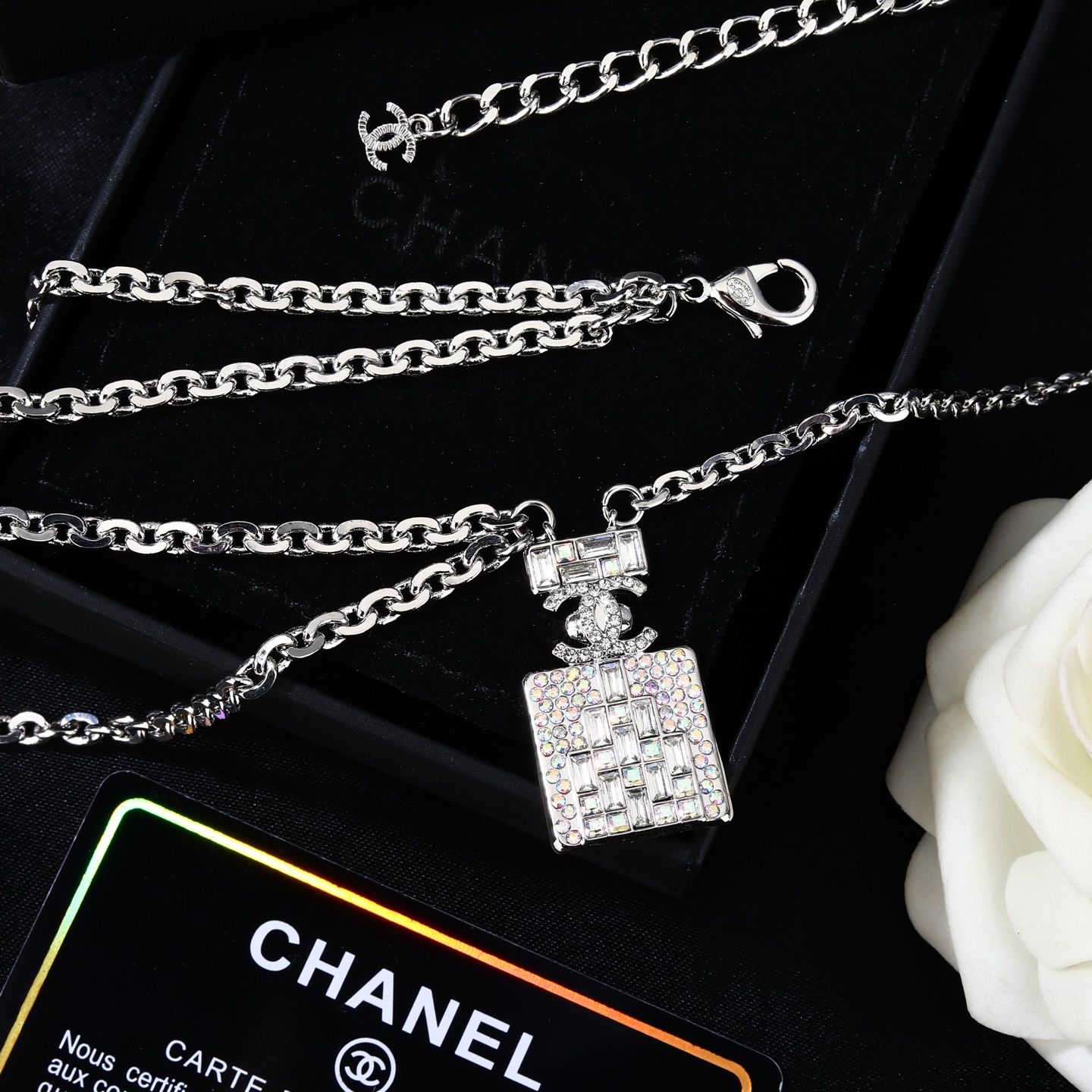 Chanel Goose Perfume Bottle Waist Chain necklace Silver-toned metal with iridescent clear crystal stones 80cm