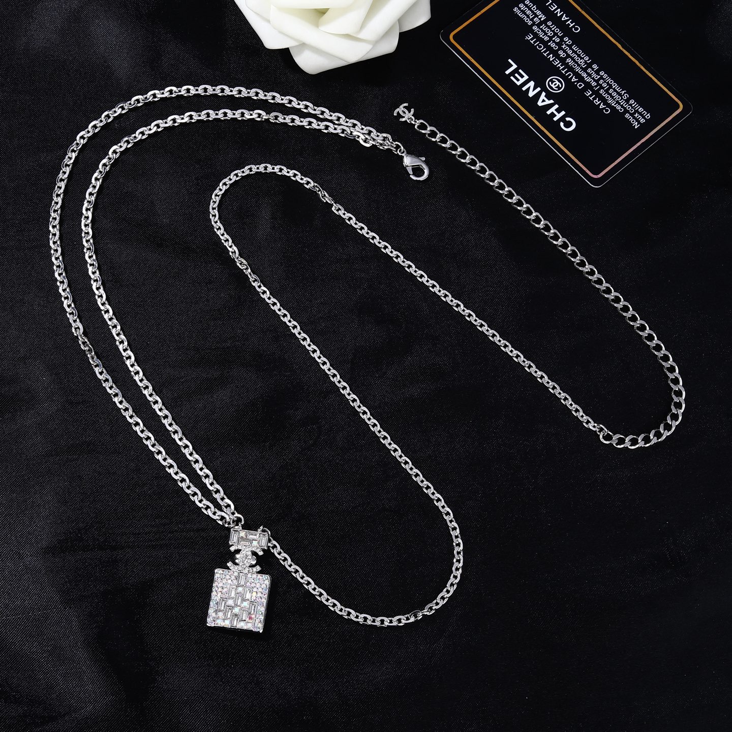 Chanel Goose Perfume Bottle Waist Chain necklace Silver-toned metal with iridescent clear crystal stones 80cm