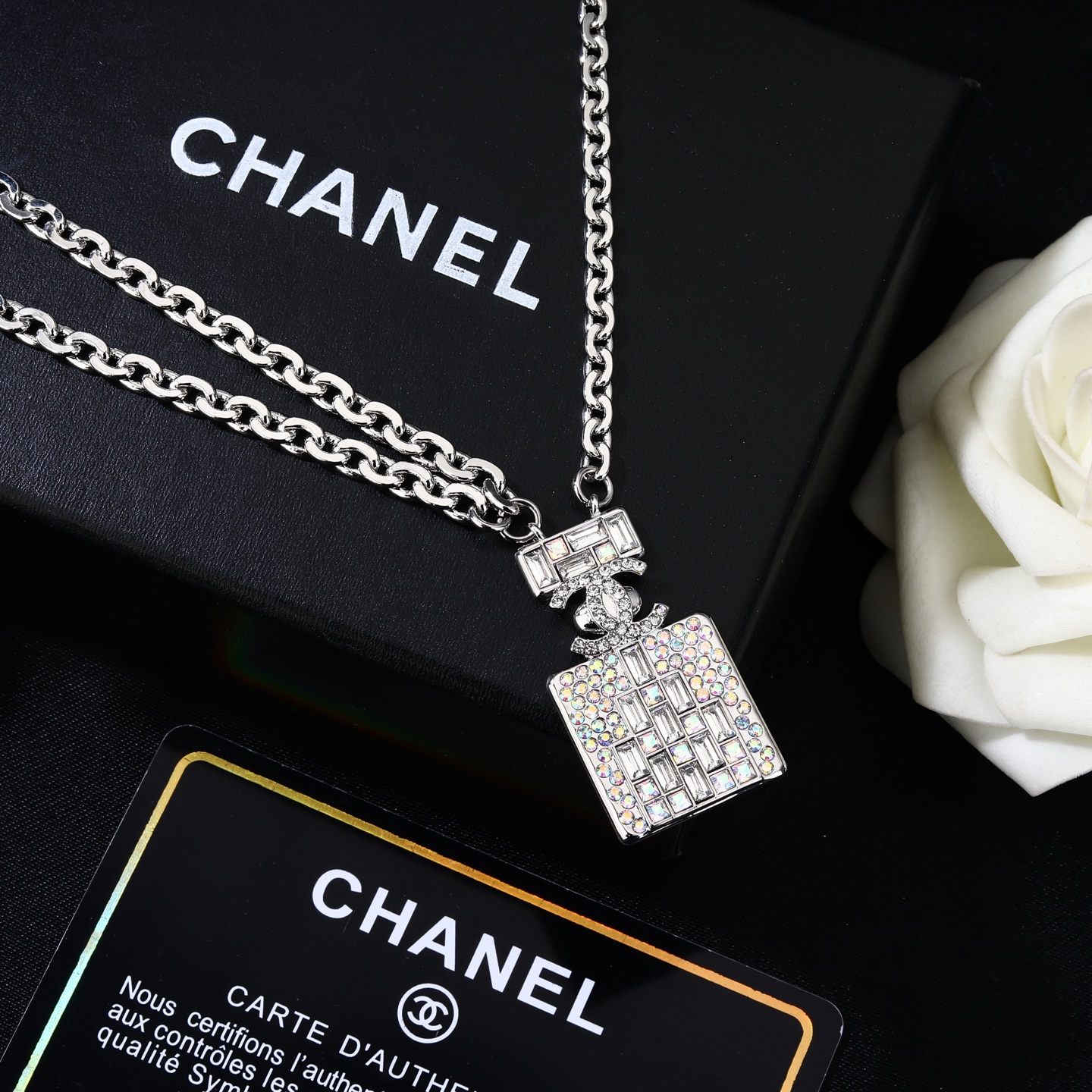Chanel Goose Perfume Bottle Waist Chain necklace Silver-toned metal with iridescent clear crystal stones 80cm