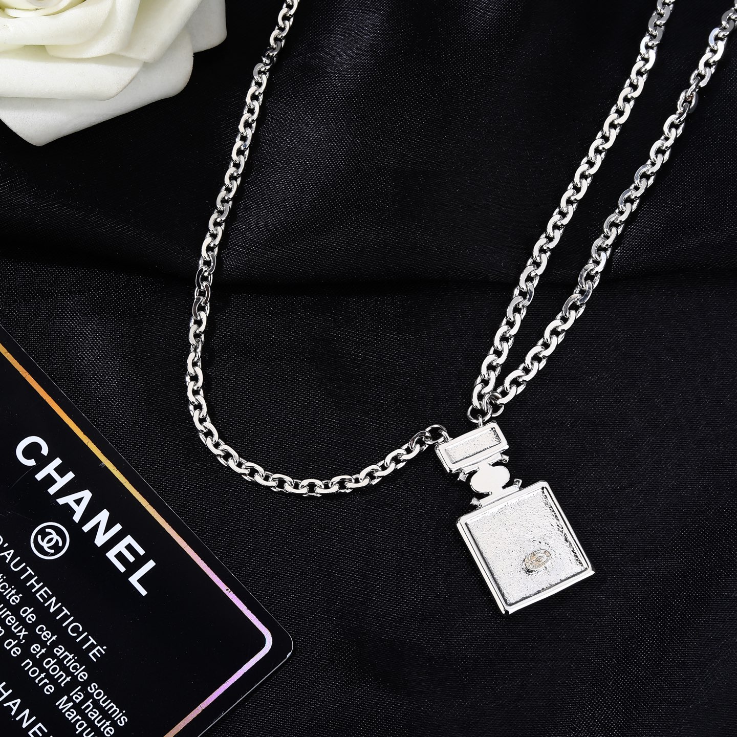 Chanel Goose Perfume Bottle Waist Chain necklace Silver-toned metal with iridescent clear crystal stones 80cm