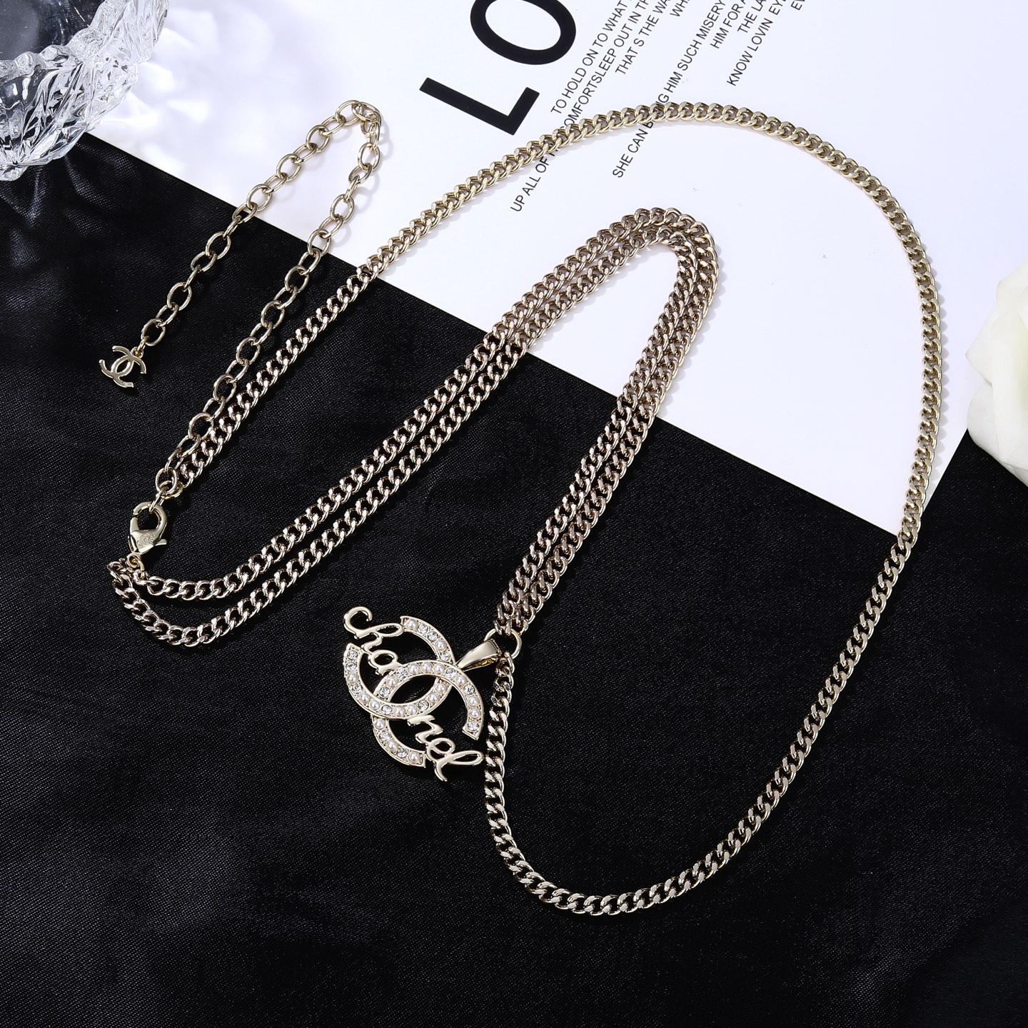 Chanel CC Script Crystal Pearl Waist Chain necklace Light gold metal with clear crystals and white pearl accents 80cm