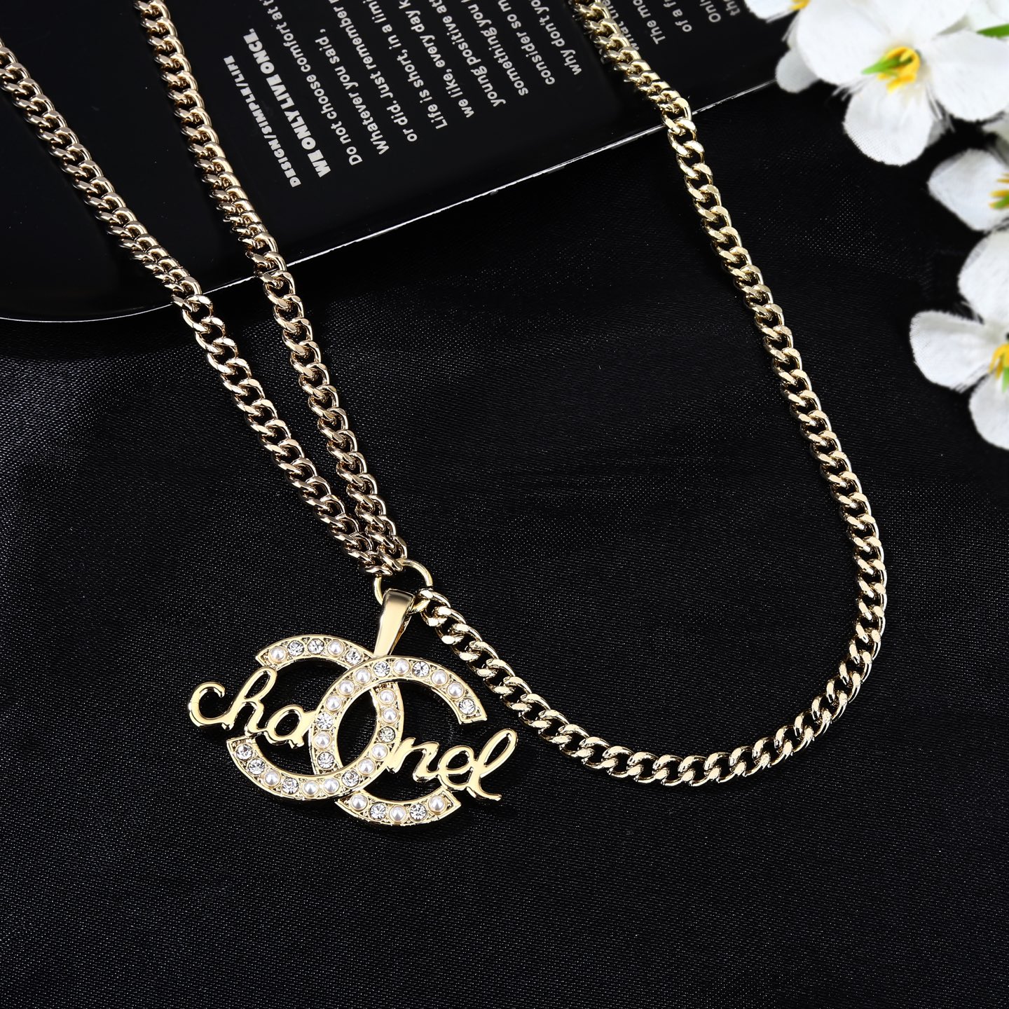 Chanel CC Script Crystal Pearl Waist Chain necklace Light gold metal with clear crystals and white pearl accents 80cm