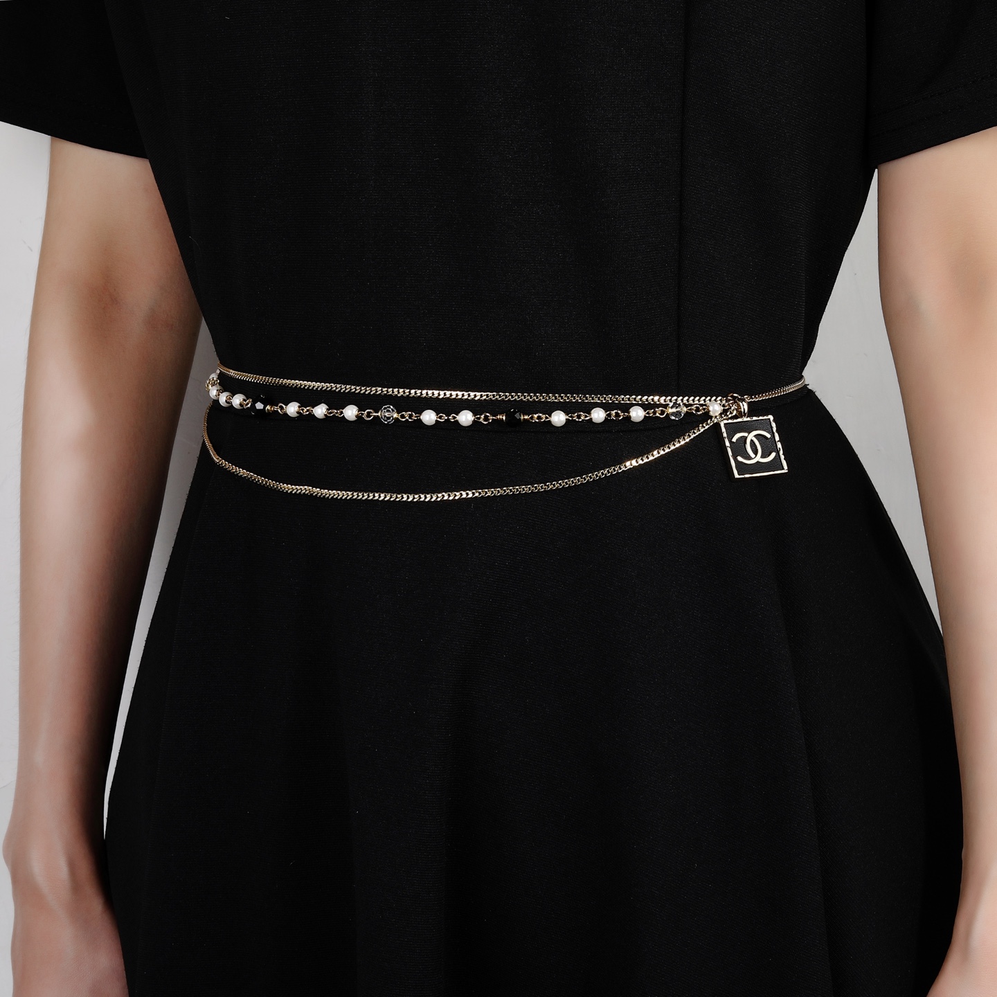 Chanel Goose Series CC Square Charm Pearl Beaded Waist Chain necklace Gold-tone metal with white faux pearls black faceted beads clear faceted beads and black enamel CC charm 80cm