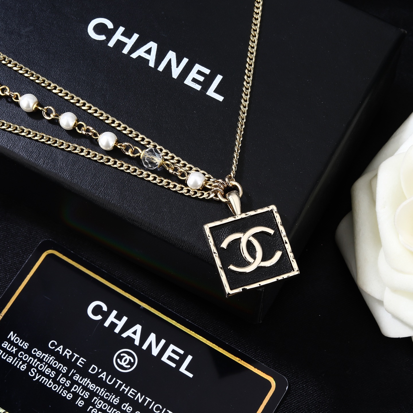 Chanel Goose Series CC Square Charm Pearl Beaded Waist Chain necklace Gold-tone metal with white faux pearls black faceted beads clear faceted beads and black enamel CC charm 80cm