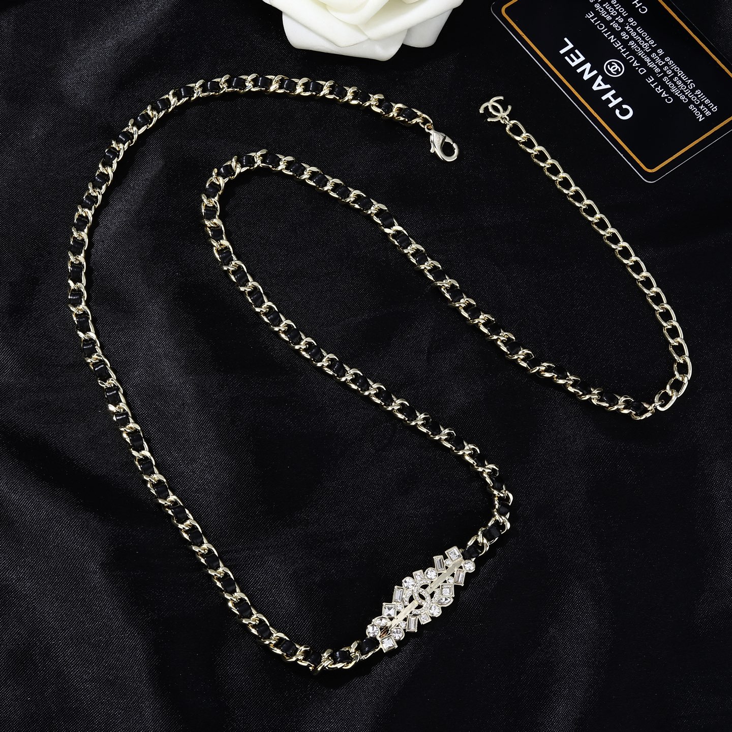 Chanel Goose series crystal CC chain waist chain necklace gold tone metal black leather clear crystal 80cm adjustable