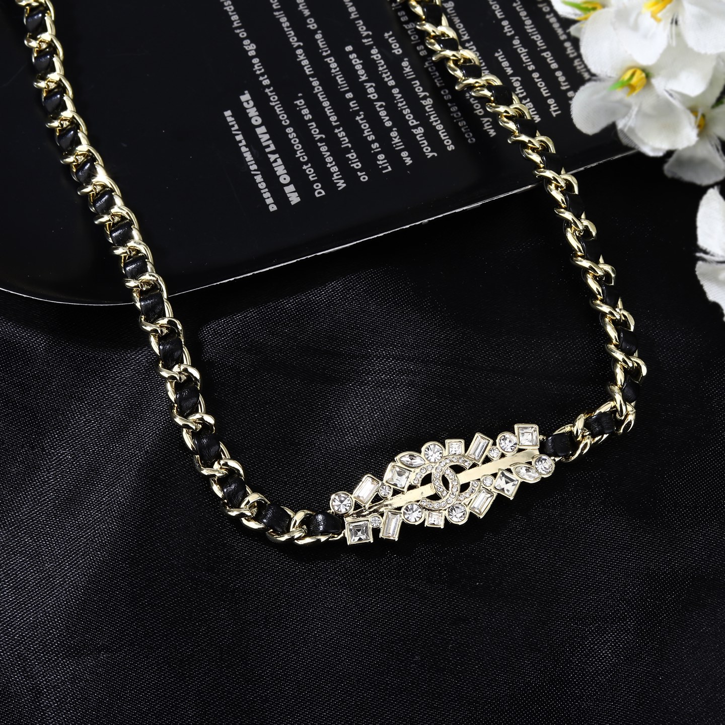 Chanel Goose series crystal CC chain waist chain necklace gold tone metal black leather clear crystal 80cm adjustable