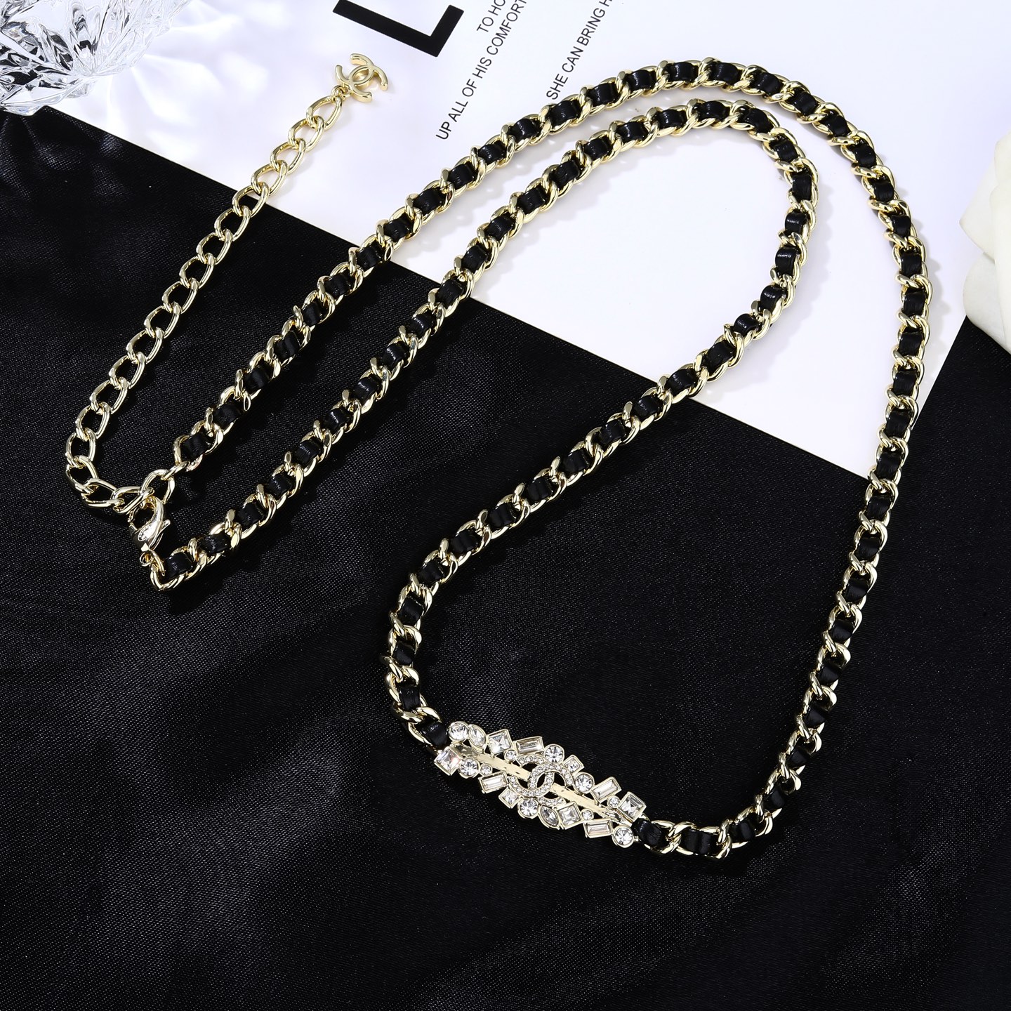 Chanel Goose series crystal CC chain waist chain necklace gold tone metal black leather clear crystal 80cm adjustable