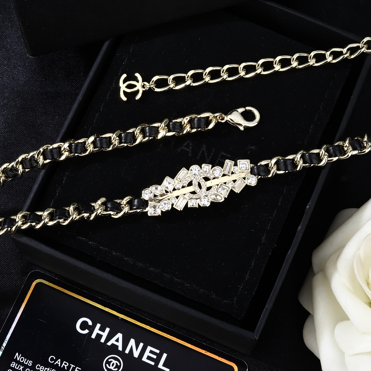 Chanel Goose series crystal CC chain waist chain necklace gold tone metal black leather clear crystal 80cm adjustable