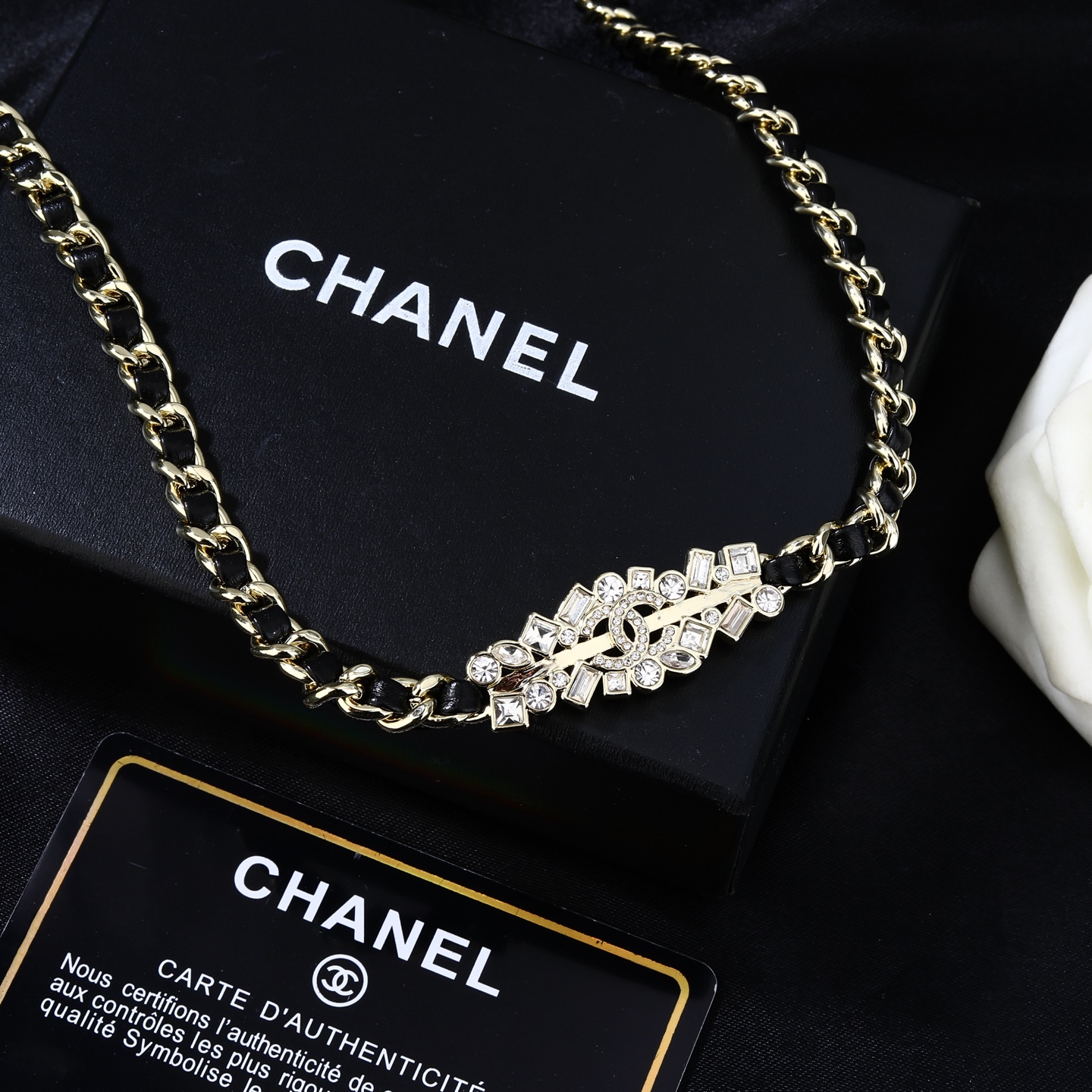 Chanel Goose series crystal CC chain waist chain necklace gold tone metal black leather clear crystal 80cm adjustable