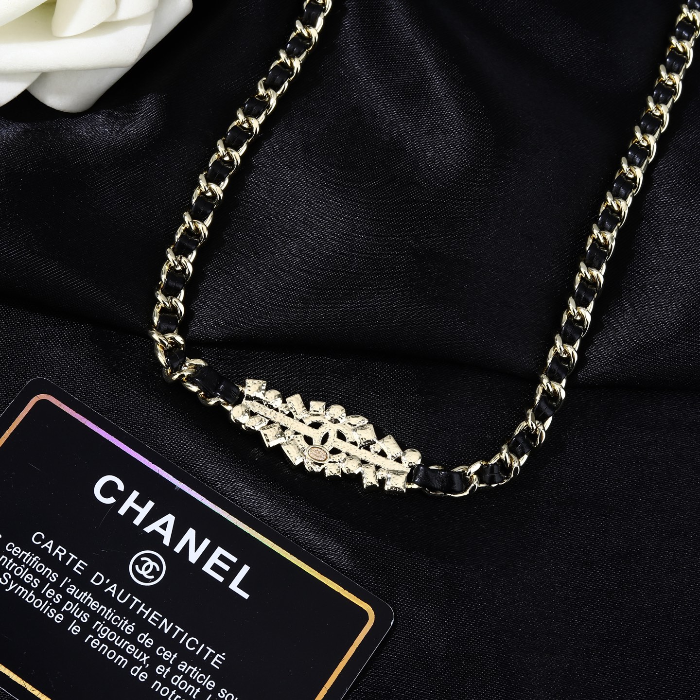 Chanel Goose series crystal CC chain waist chain necklace gold tone metal black leather clear crystal 80cm adjustable