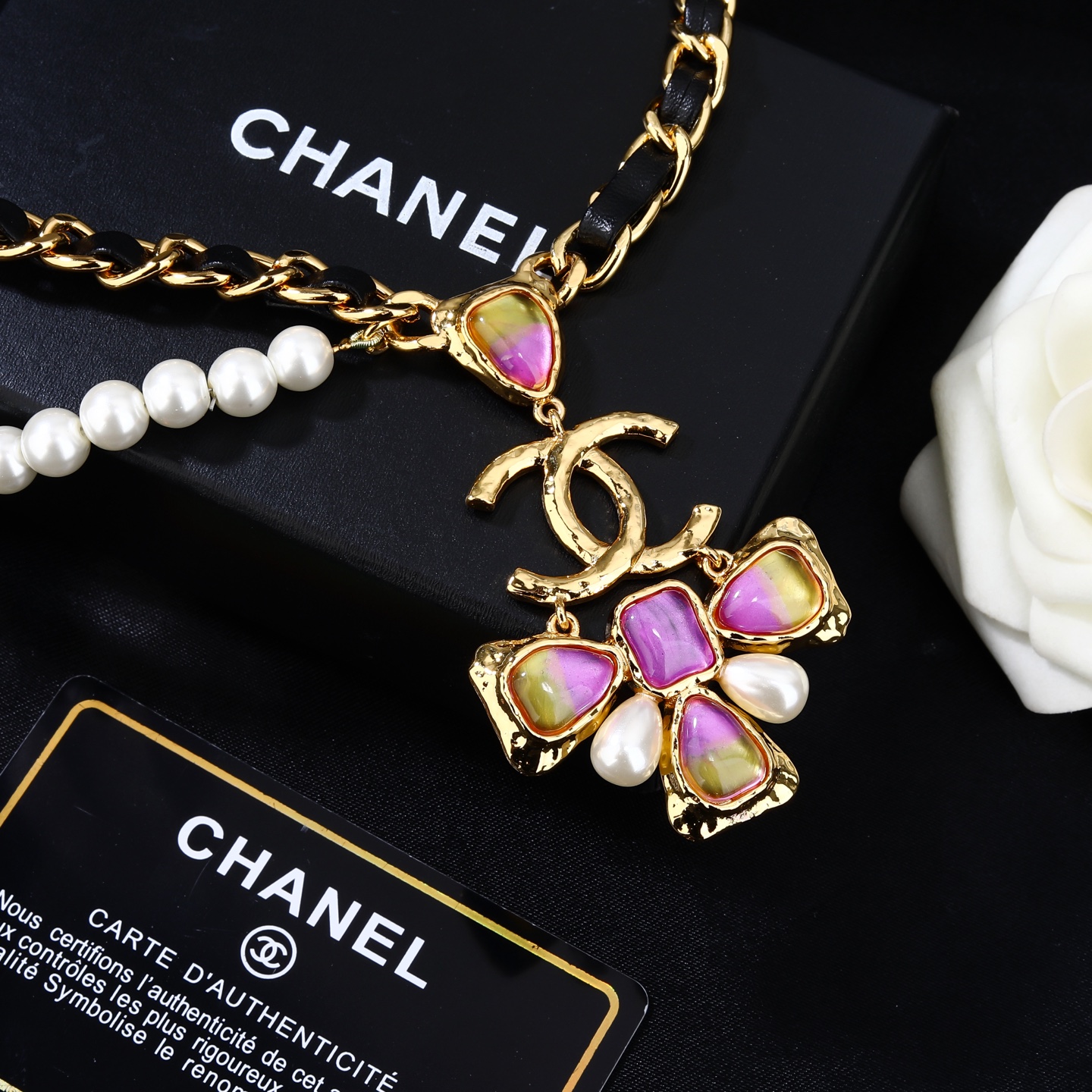 Chanel Goose series CC logo pearl chain waist chain necklace gold tone metal black leather white faux pearl purple-yellow gradient resin stone 80cm with 10cm extension