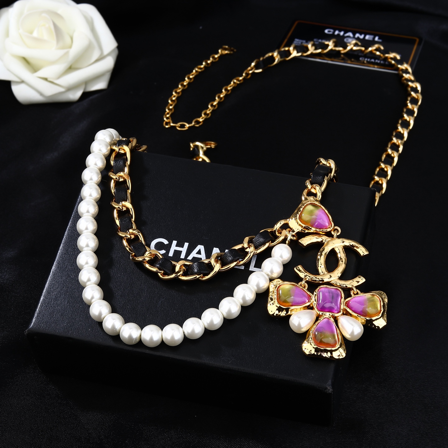 Chanel Goose series CC logo pearl chain waist chain necklace gold tone metal black leather white faux pearl purple-yellow gradient resin stone 80cm with 10cm extension