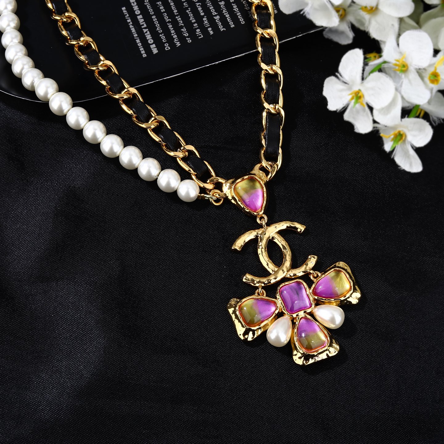 Chanel Goose series CC logo pearl chain waist chain necklace gold tone metal black leather white faux pearl purple-yellow gradient resin stone 80cm with 10cm extension