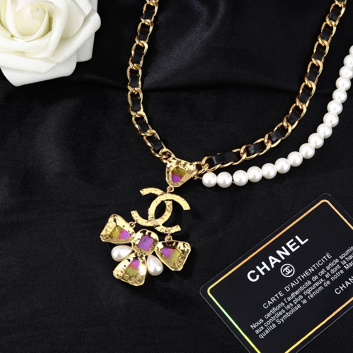 Chanel Goose series CC logo pearl chain waist chain necklace gold tone metal black leather white faux pearl purple-yellow gradient resin stone 80cm with 10cm extension