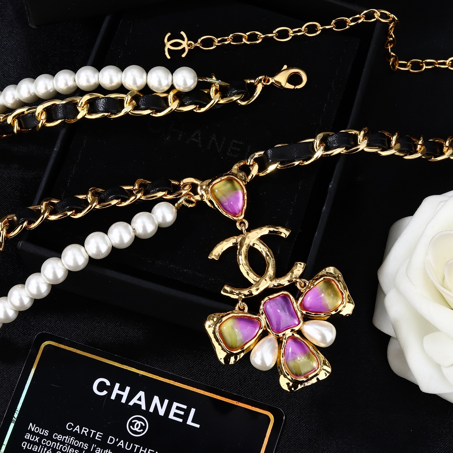 Chanel Goose series CC logo pearl chain waist chain necklace gold tone metal black leather white faux pearl purple-yellow gradient resin stone 80cm with 10cm extension