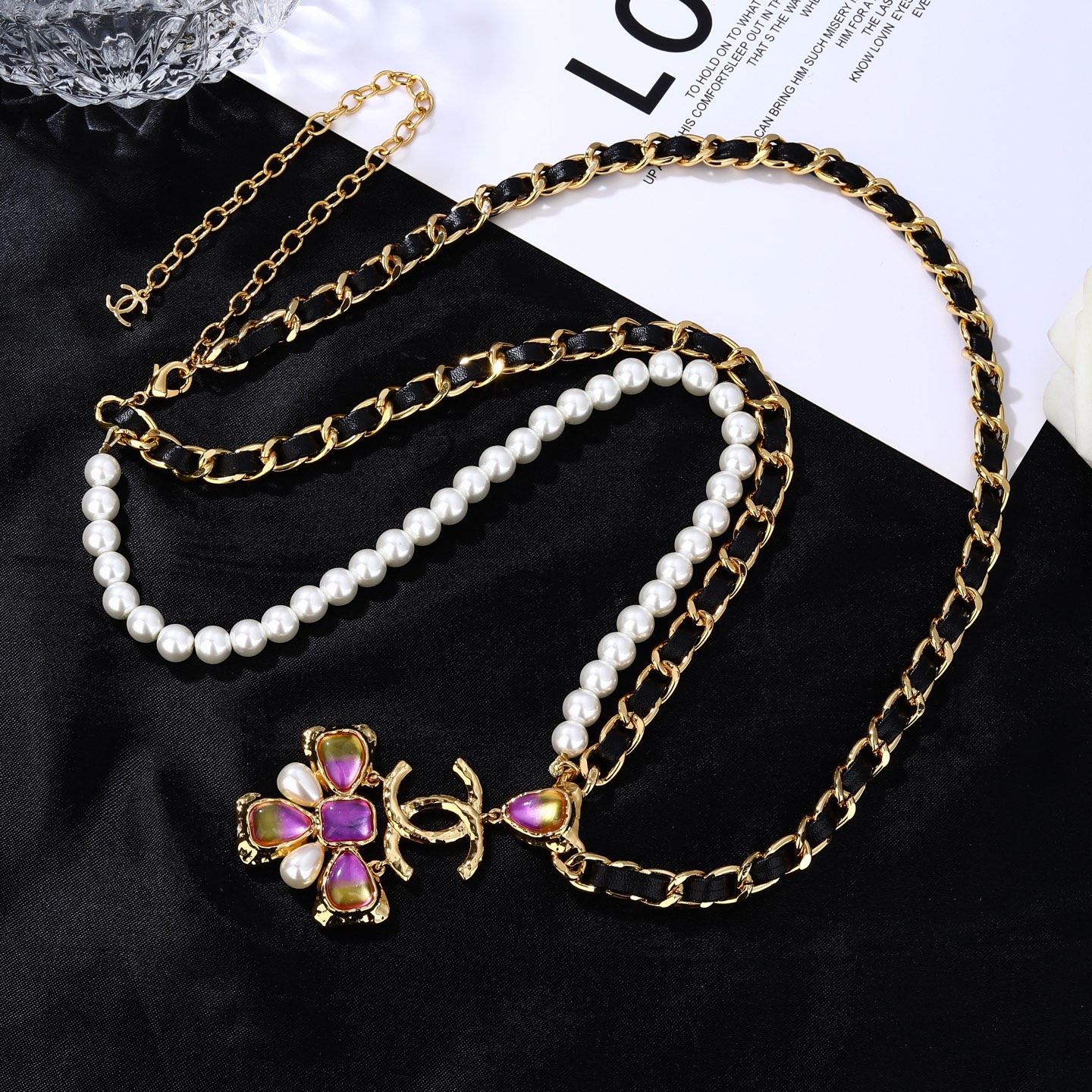 Chanel Goose series CC logo pearl chain waist chain necklace gold tone metal black leather white faux pearl purple-yellow gradient resin stone 80cm with 10cm extension