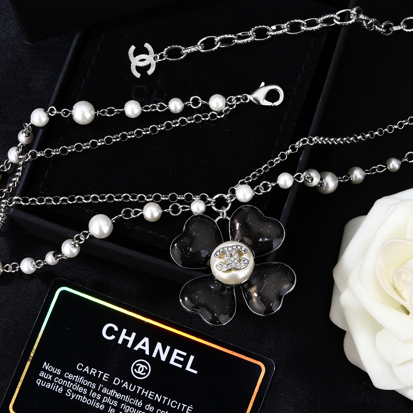 Chanel Goose Clover Pearl Waist Chain necklace Silver-tone metal white faux pearl black glitter resin clear crystal 80cm with 10cm extension