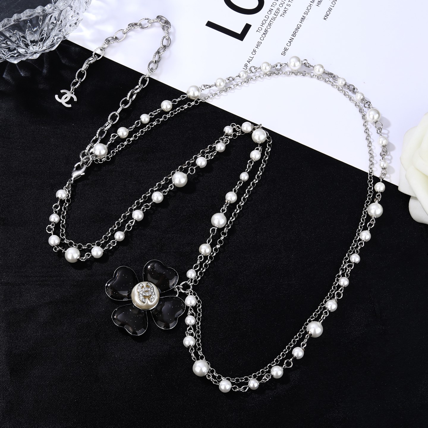 Chanel Goose Clover Pearl Waist Chain necklace Silver-tone metal white faux pearl black glitter resin clear crystal 80cm with 10cm extension