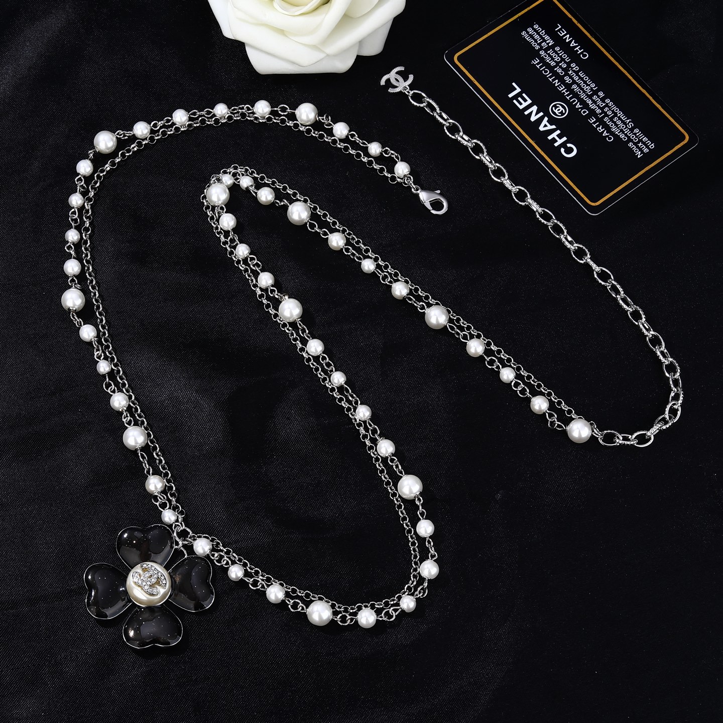 Chanel Goose Clover Pearl Waist Chain necklace Silver-tone metal white faux pearl black glitter resin clear crystal 80cm with 10cm extension