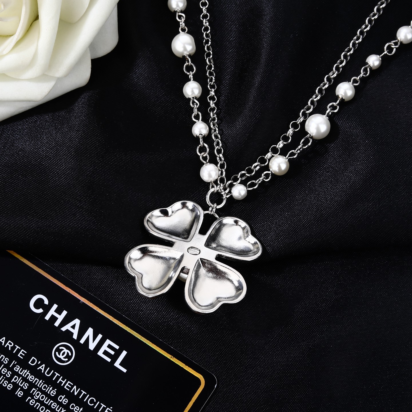 Chanel Goose Clover Pearl Waist Chain necklace Silver-tone metal white faux pearl black glitter resin clear crystal 80cm with 10cm extension