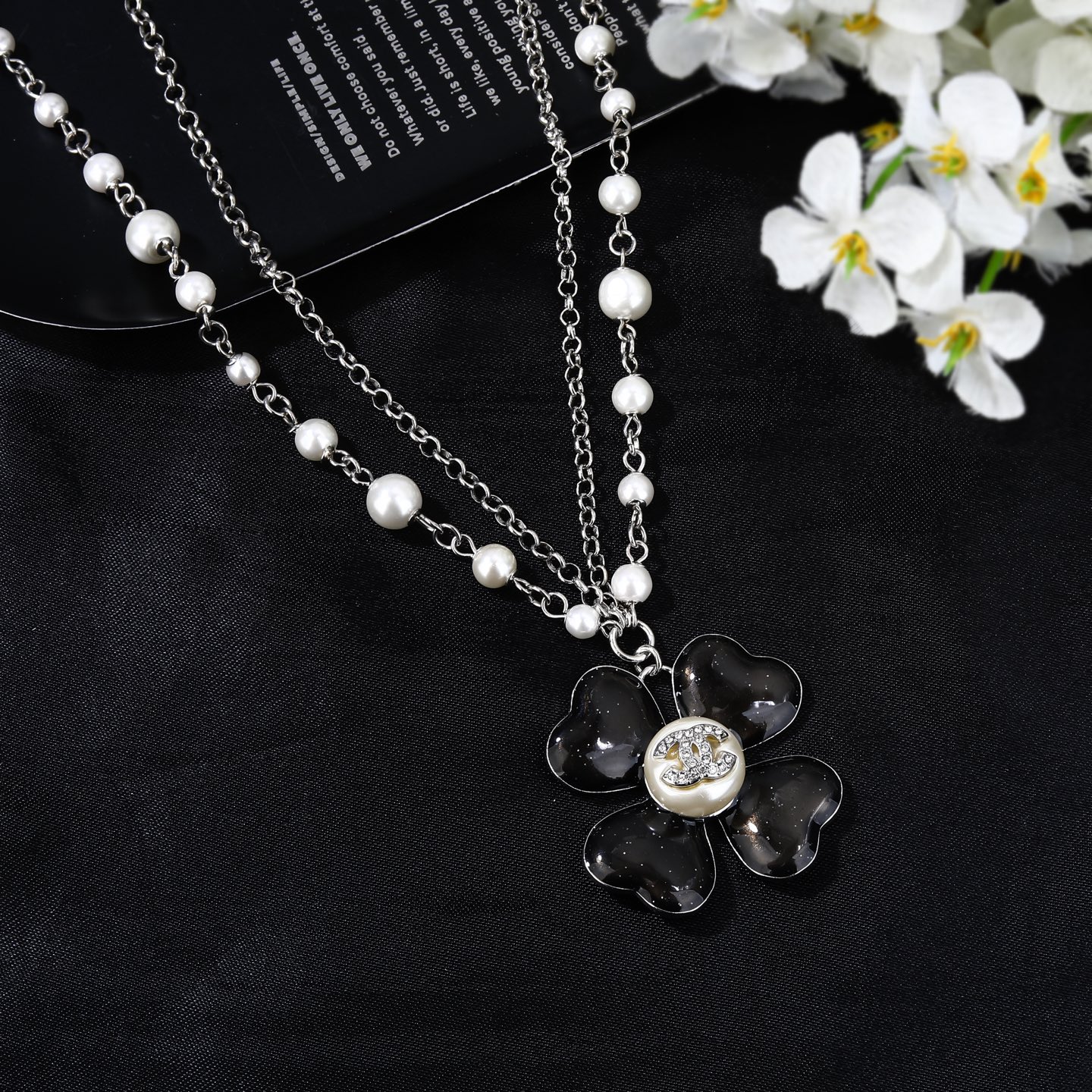 Chanel Goose Clover Pearl Waist Chain necklace Silver-tone metal white faux pearl black glitter resin clear crystal 80cm with 10cm extension