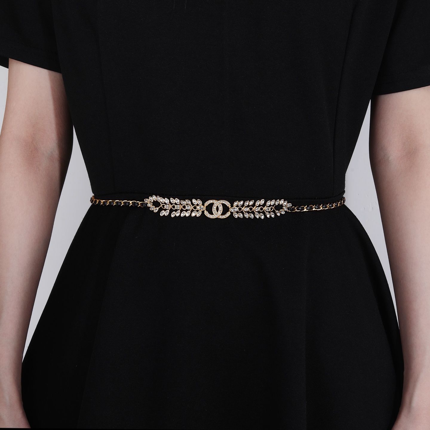 Chanel Goose series crystal leaf CC logo chain necklace gold tone metal with black leather woven chain clear faceted crystal stones 80cm