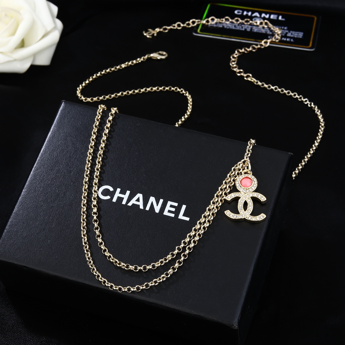 Chanel CC Logo Double Chain Waist Chain necklace gold-tone metal with clear crystal and pink cabochon 80cm adjustable