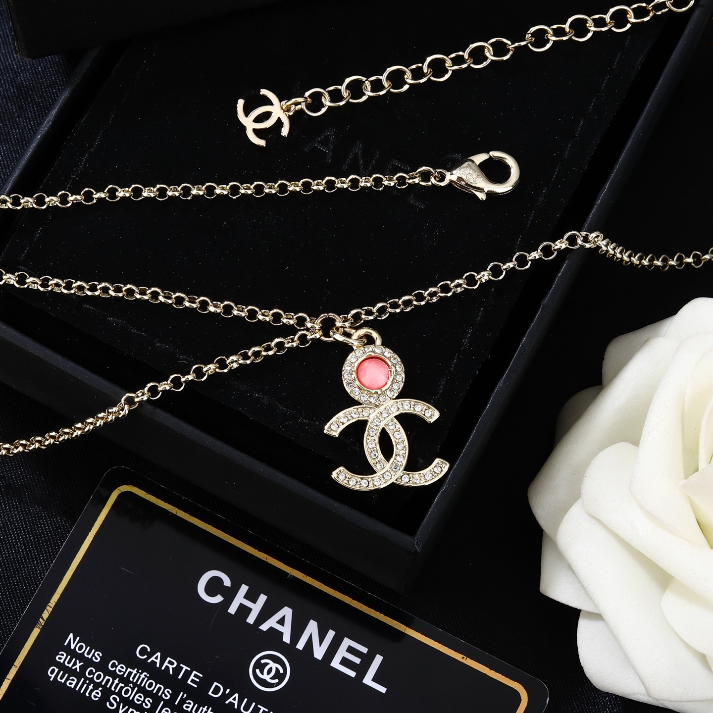 Chanel CC Logo Double Chain Waist Chain necklace gold-tone metal with clear crystal and pink cabochon 80cm adjustable