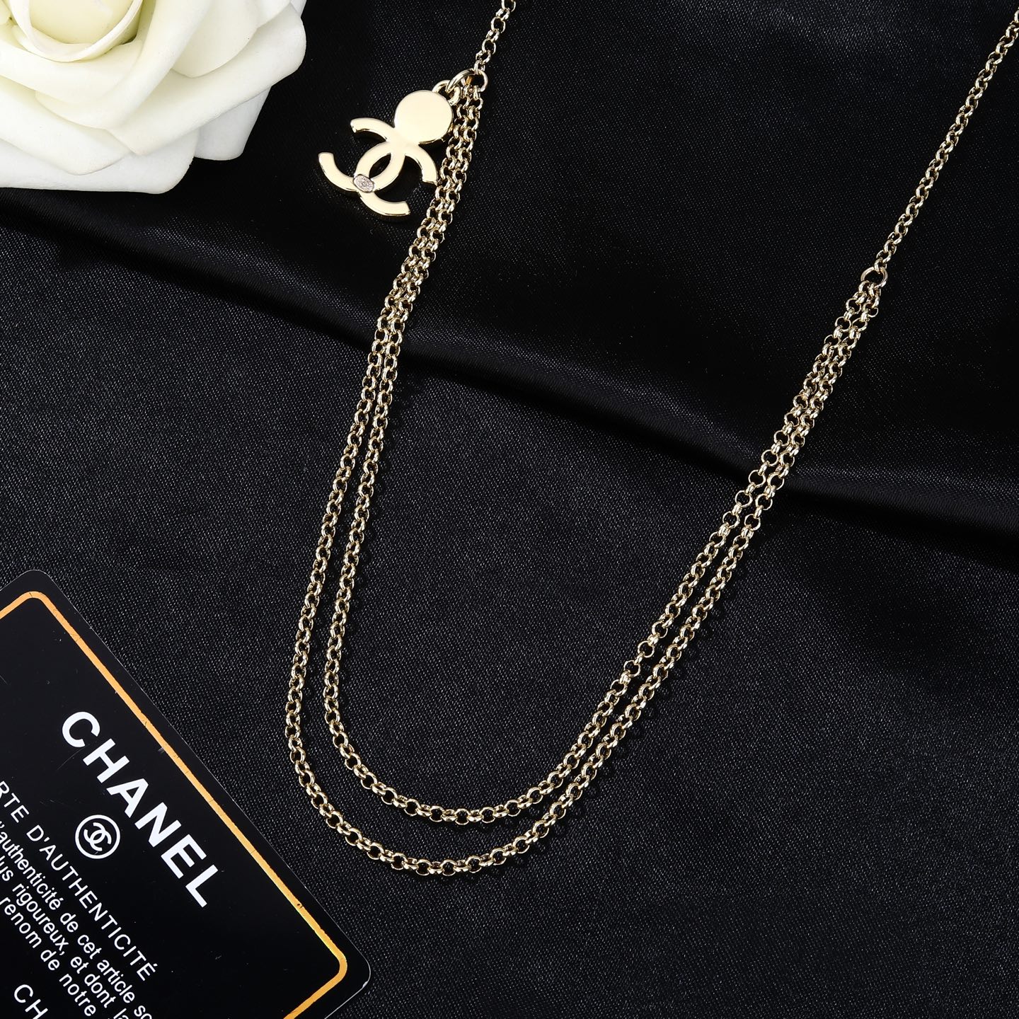 Chanel CC Logo Double Chain Waist Chain necklace gold-tone metal with clear crystal and pink cabochon 80cm adjustable