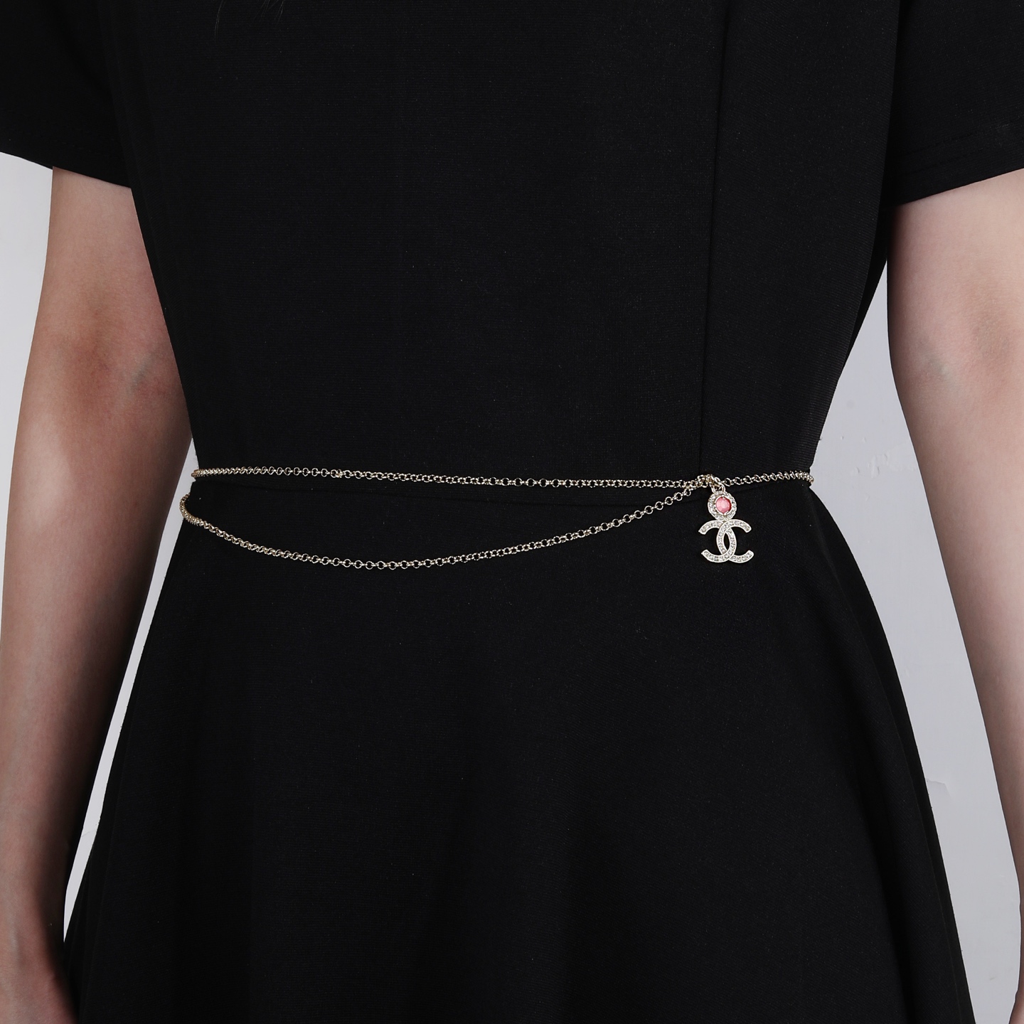 Chanel CC Logo Double Chain Waist Chain necklace gold-tone metal with clear crystal and pink cabochon 80cm adjustable