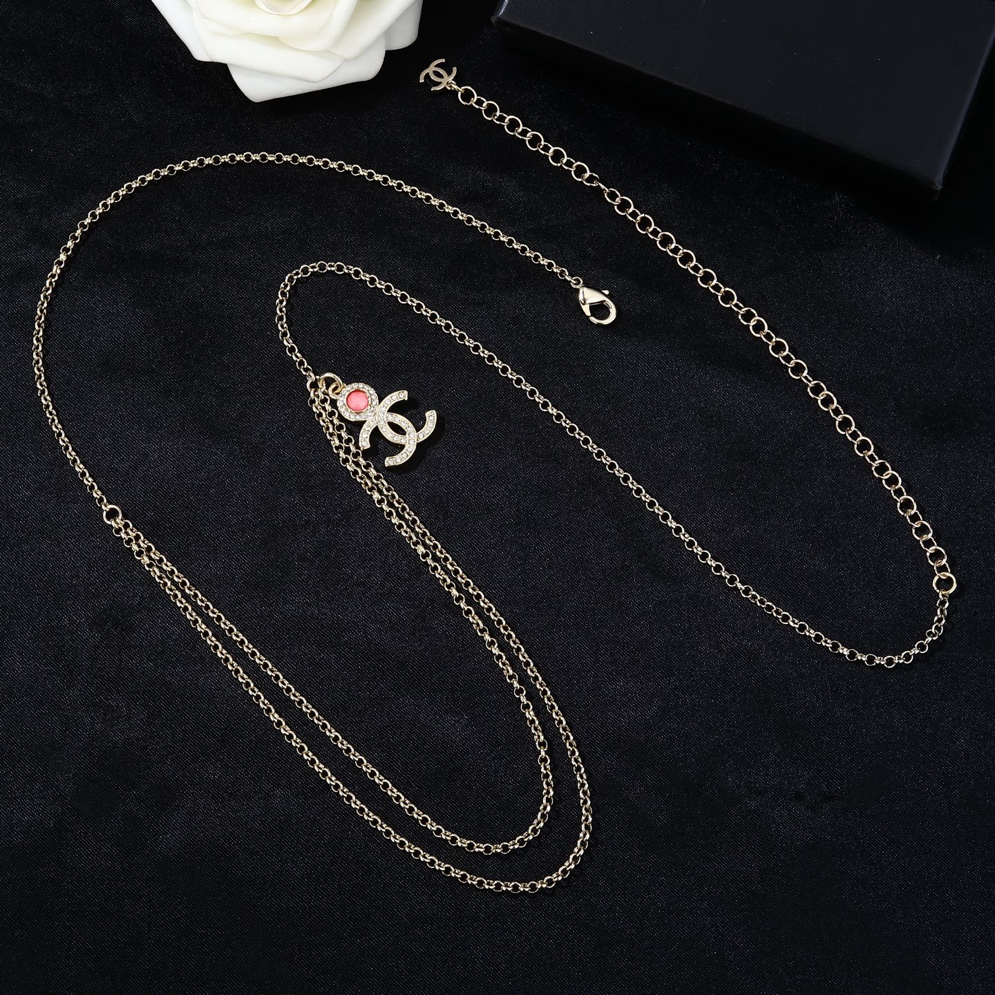 Chanel CC Logo Double Chain Waist Chain necklace gold-tone metal with clear crystal and pink cabochon 80cm adjustable