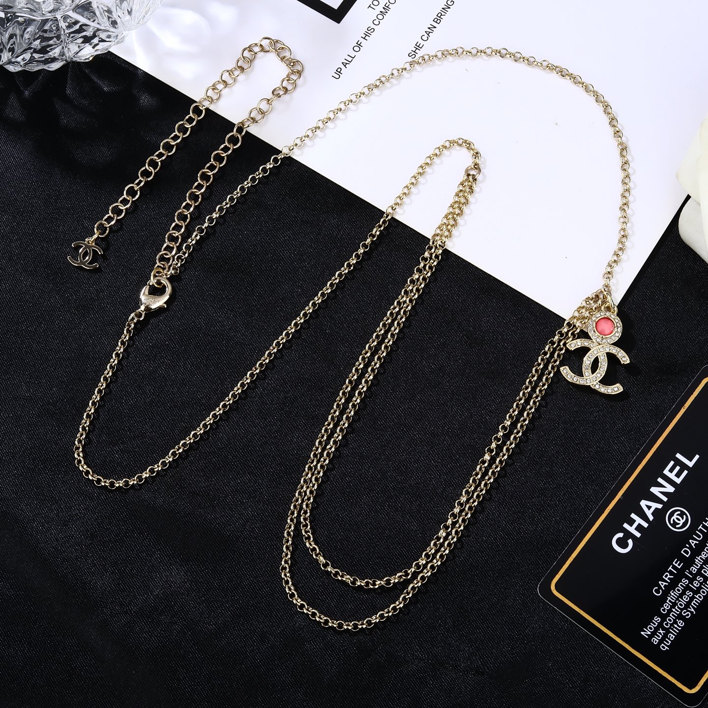 Chanel CC Logo Double Chain Waist Chain necklace gold-tone metal with clear crystal and pink cabochon 80cm adjustable