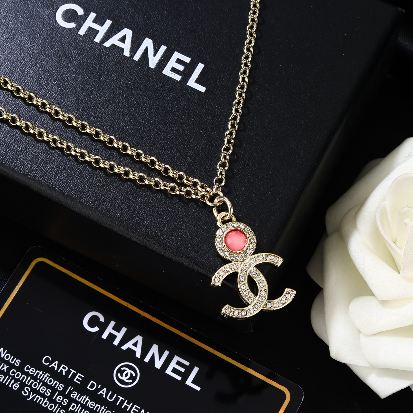 Chanel CC Logo Double Chain Waist Chain necklace gold-tone metal with clear crystal and pink cabochon 80cm adjustable
