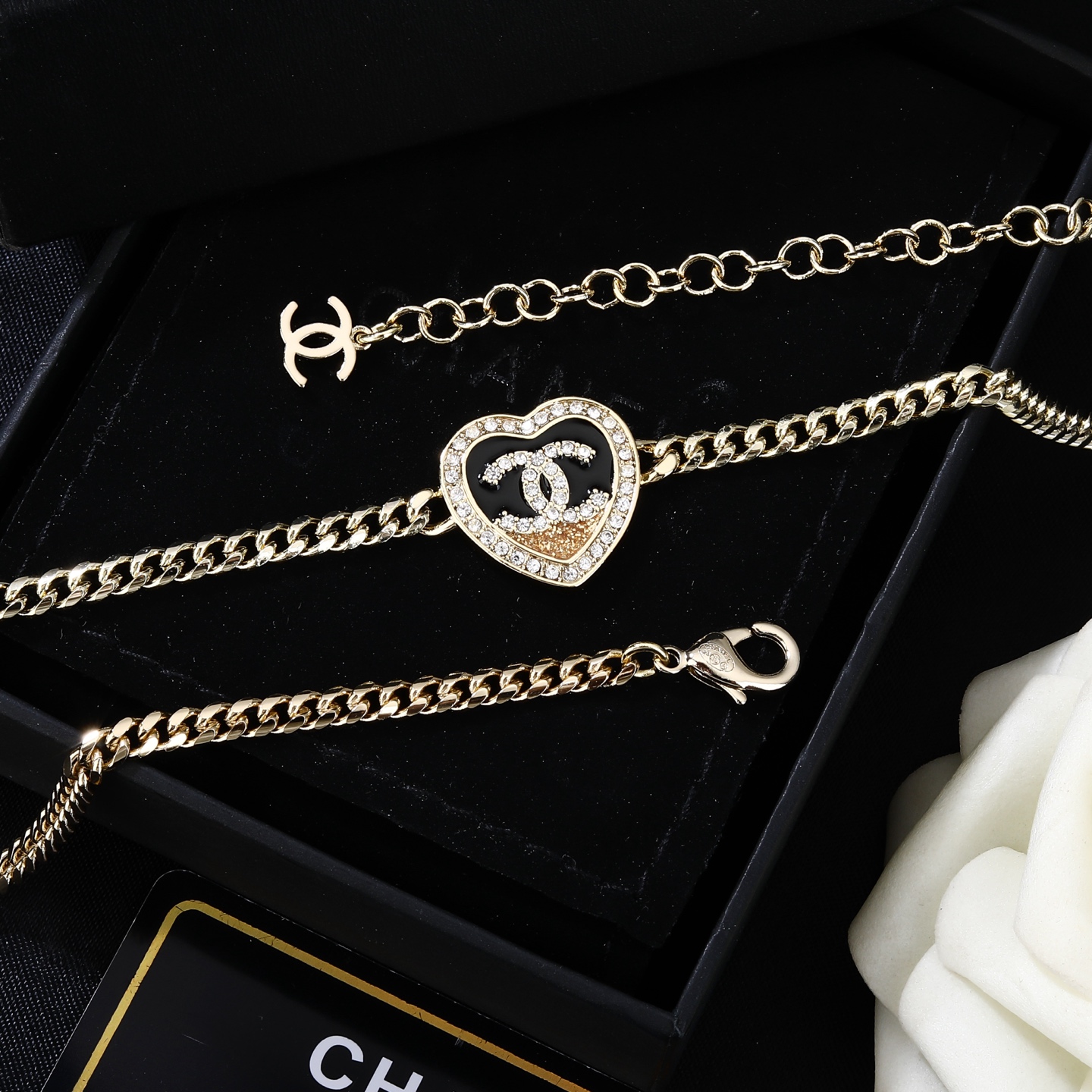 Chanel Goose Heart CC Choker necklace light gold metal black enamel clear crystal rhinestones 40cm with 5cm extender