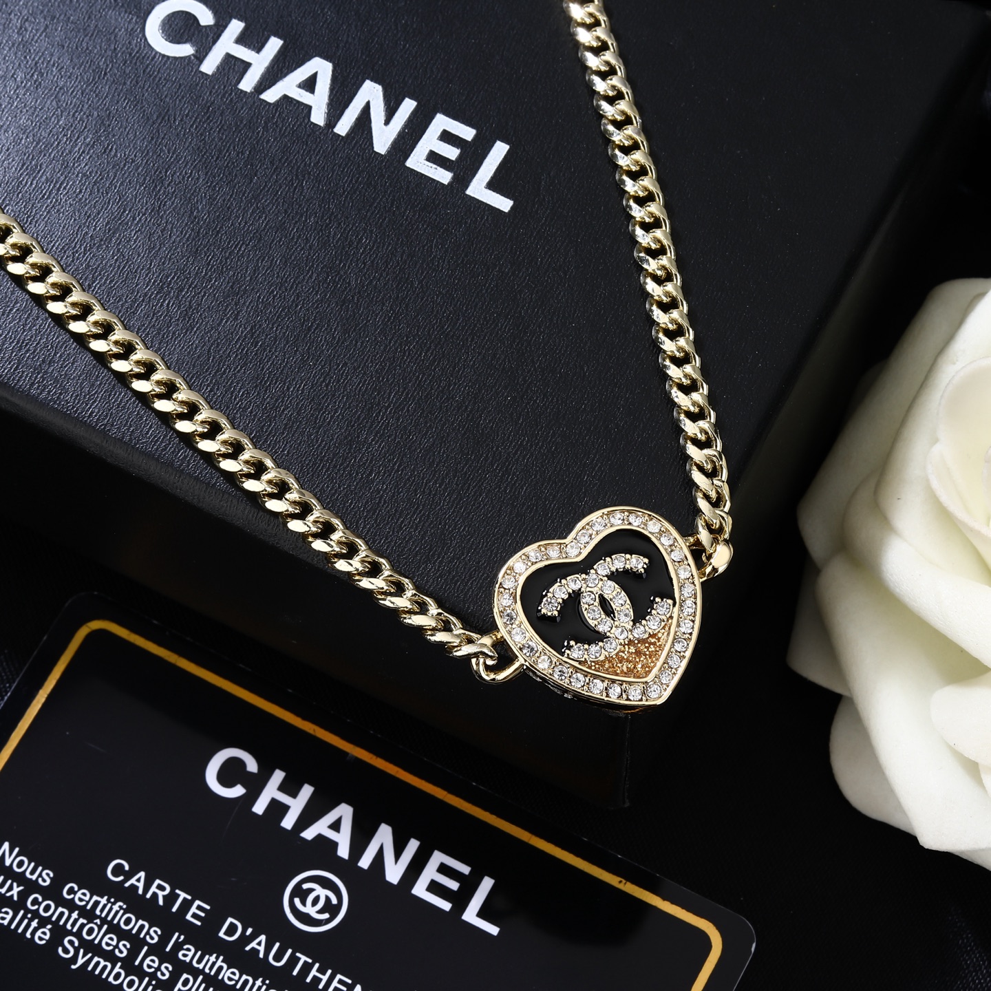 Chanel Goose Heart CC Choker necklace light gold metal black enamel clear crystal rhinestones 40cm with 5cm extender