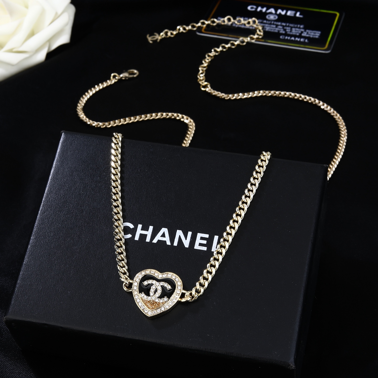 Chanel Goose Heart CC Choker necklace light gold metal black enamel clear crystal rhinestones 40cm with 5cm extender