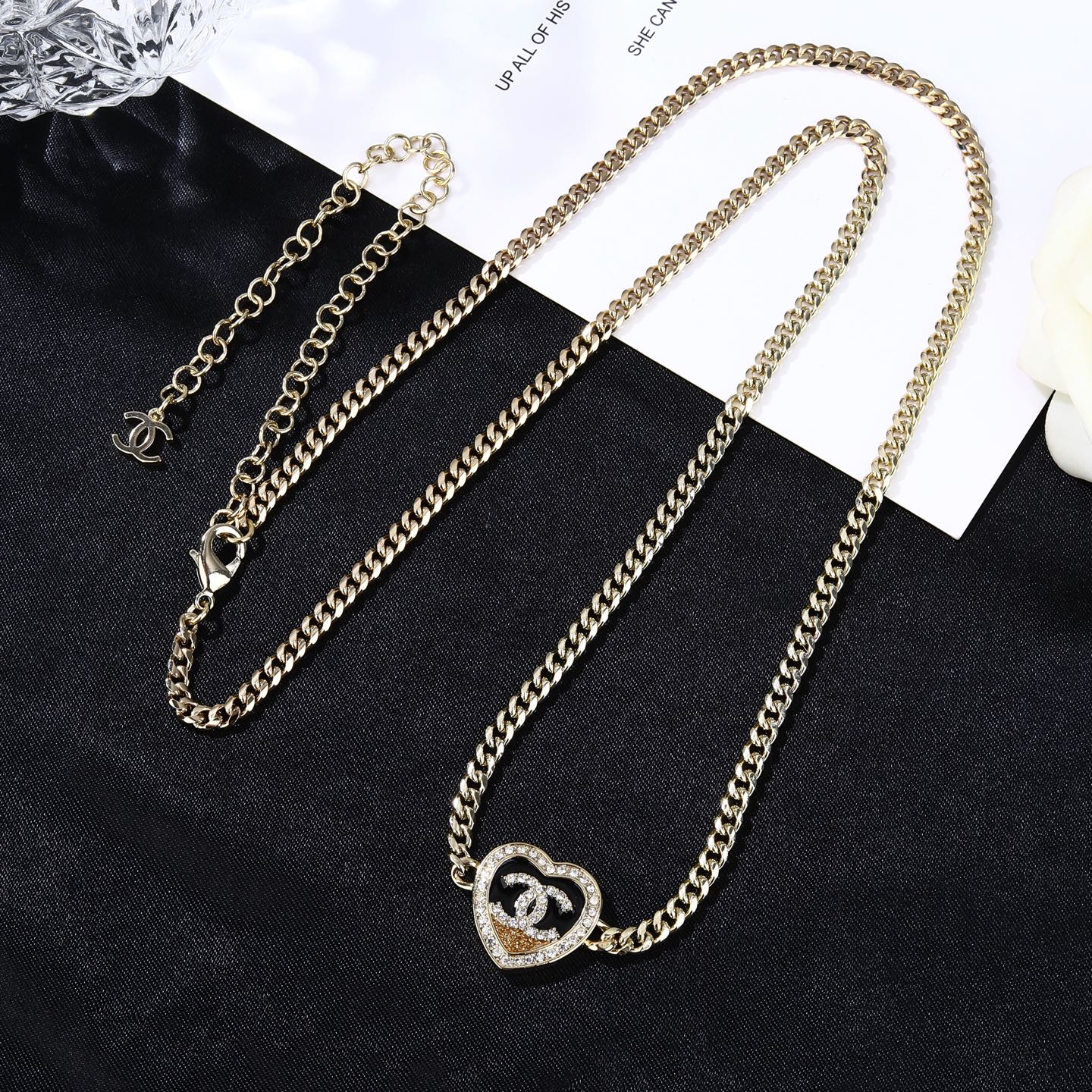 Chanel Goose Heart CC Choker necklace light gold metal black enamel clear crystal rhinestones 40cm with 5cm extender