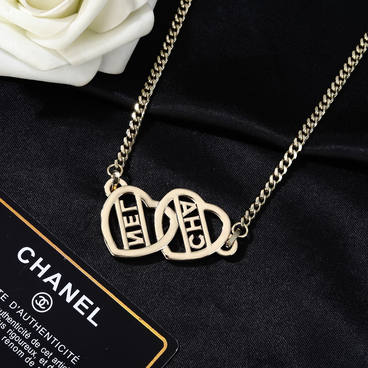 Chanel Goose series interlocking heart logo chain necklace light gold metal with clear crystal rhinestones 80cm with 10cm extension